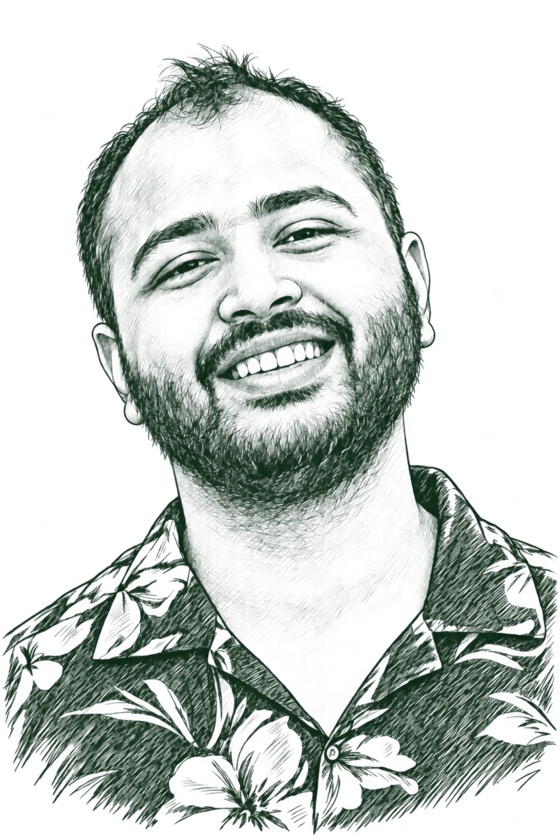 Pen-and-ink portrait of Abhishek, drawn from a beach photograph